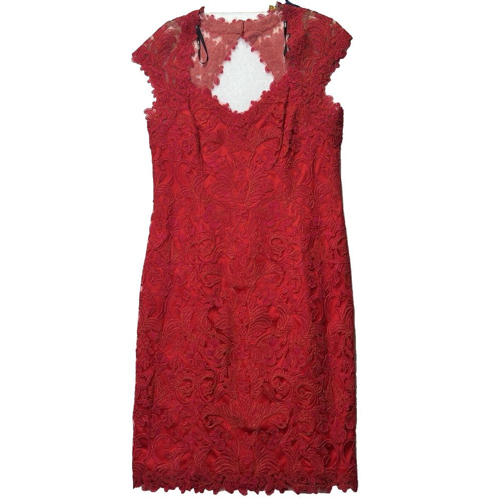 Tadashi Shoji Flame Queen Anne Neckline Open Back Corded Lace Tulle Dress‎ Red 6